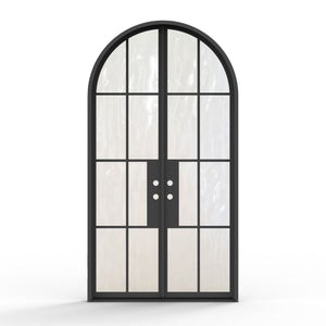 8 Lite Arch Top French Steel Exterior Double Door with Flemish Privacy Glass